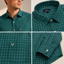 Guess What Allen Solly Men's Teal Green Check Full Sleeve Shirt | Slim Fit Formal Casual Cotton Shirt | Checkered Office Wear Shirt for Men | guess what - M, Teal Green