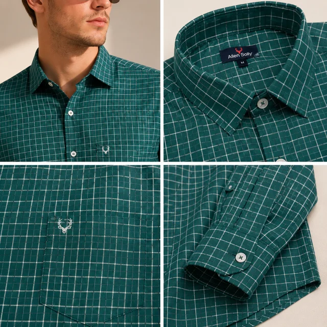 Guess What Allen Solly Men's Teal Green Check Full Sleeve Shirt | Slim Fit Formal Casual Cotton Shirt | Checkered Office Wear Shirt for Men | guess what - M, Teal Green