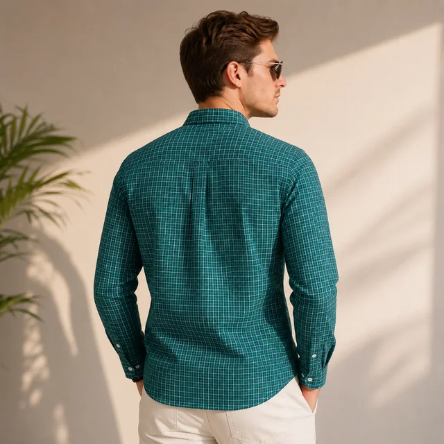 Guess What Allen Solly Men's Teal Green Check Full Sleeve Shirt | Slim Fit Formal Casual Cotton Shirt | Checkered Office Wear Shirt for Men | guess what - M, Teal Green