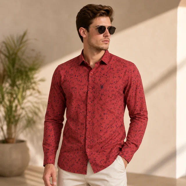 Guess What U.S. Polo Assn. Men's Red Floral Print Full Sleeve Shirt | Tailored Fit Casual Cotton Shirt | USPA Branded Shirt for Men Online India | guess what - M, Rich Red