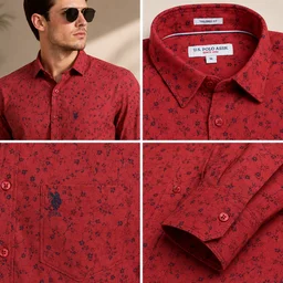 Guess What U.S. Polo Assn. Men's Red Floral Print Full Sleeve Shirt | Tailored Fit Casual Cotton Shirt | USPA Branded Shirt for Men Online India | guess what - M, Rich Red