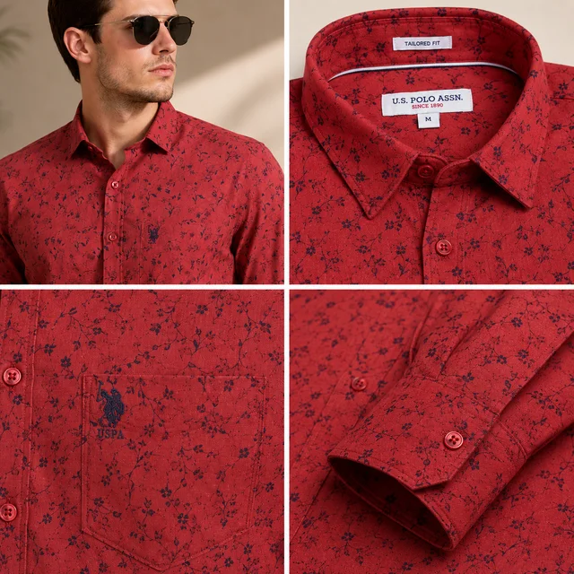 Guess What U.S. Polo Assn. Men's Red Floral Print Full Sleeve Shirt | Tailored Fit Casual Cotton Shirt | USPA Branded Shirt for Men Online India | guess what - M, Rich Red