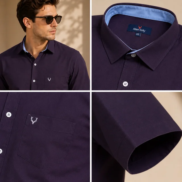 Guess What Allen Solly Men's Navy Purple Solid Half Sleeve Shirt | Slim Fit Cotton Casual Shirt | Half Sleeve Office Wear Shirt for Men | guess what - XXL, Navy Purple