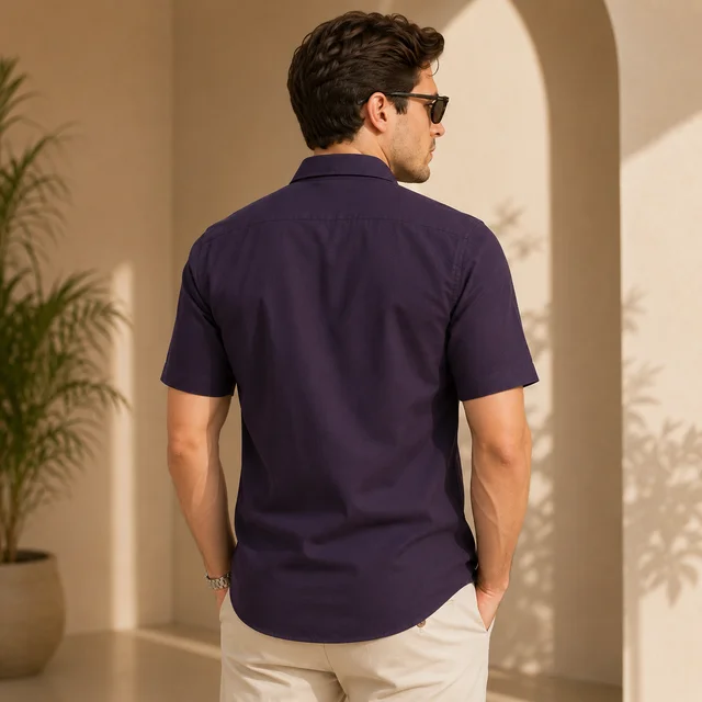 Guess What Allen Solly Men's Navy Purple Solid Half Sleeve Shirt | Slim Fit Cotton Casual Shirt | Half Sleeve Office Wear Shirt for Men | guess what - XXL, Navy Purple