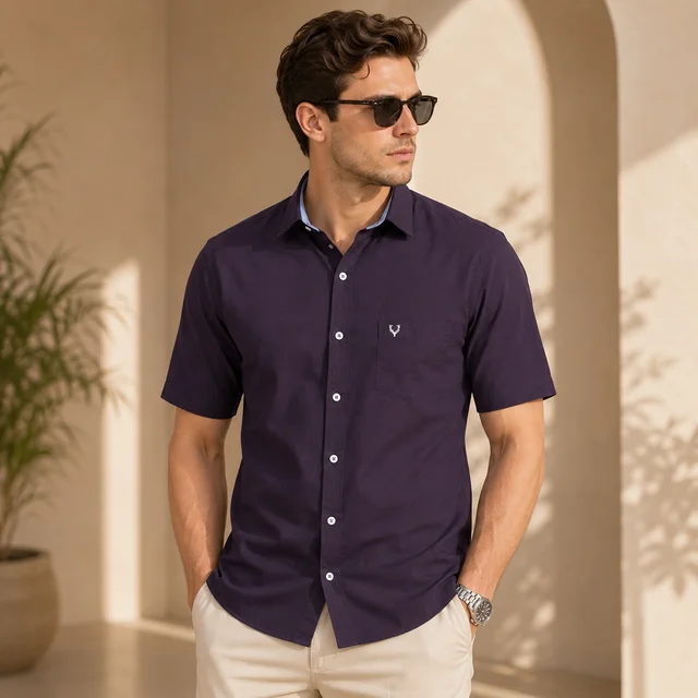 Guess What Allen Solly Men's Navy Purple Solid Half Sleeve Shirt | Slim Fit Cotton Casual Shirt | Half Sleeve Office Wear Shirt for Men | guess what - XXL, Navy Purple