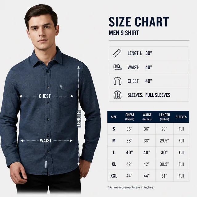 Guess What U.S. Polo Assn. Men's Navy Blue Textured Full Sleeve Shirt | Tailored Fit Casual Cotton Shirt | USPA Micro Texture Shirt for Men Online India | guess what - L, Navy Blue