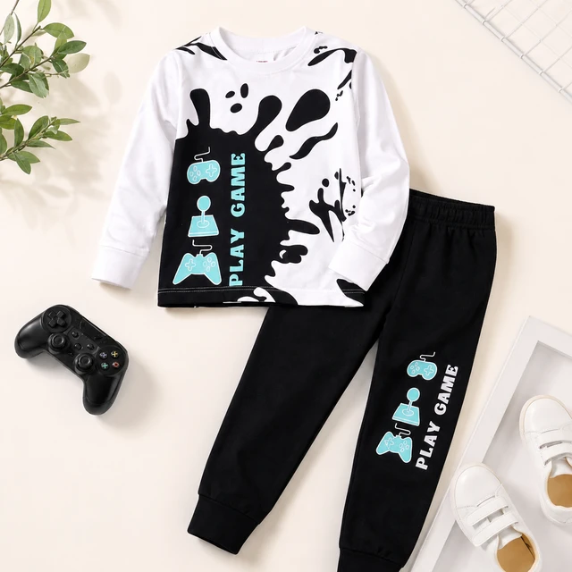 Boys' White & Black Play Game Printed Sweatshirt & Jogger Set | Kids Tracksuit | Guess What