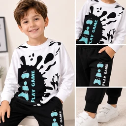 Guess What Boys' White & Black Play Game Printed Sweatshirt & Jogger Set | Kids Tracksuit | Guess What - Black