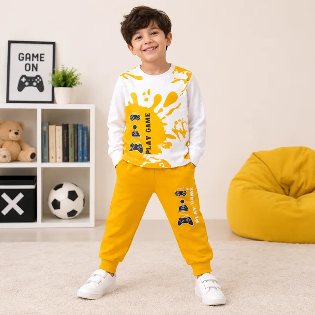 Guess What Boys' White & Yellow Play Game Printed Sweatshirt & Jogger Set | Kids Tracksuit | Guess What - Yellow