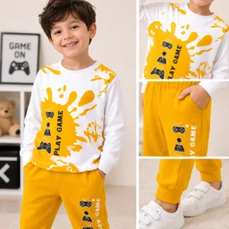 Guess What Boys' White & Yellow Play Game Printed Sweatshirt & Jogger Set | Kids Tracksuit | Guess What - Yellow