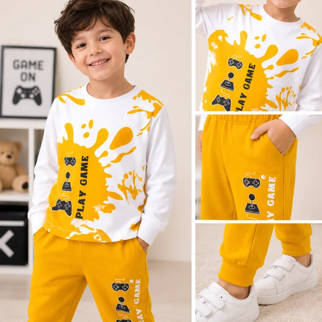Guess What Boys' White & Yellow Play Game Printed Sweatshirt & Jogger Set | Kids Tracksuit | Guess What - Yellow