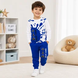 Guess What Boys' White & Blue Play Game Printed Sweatshirt & Jogger Set | Kids Tracksuit | Guess What - Blue