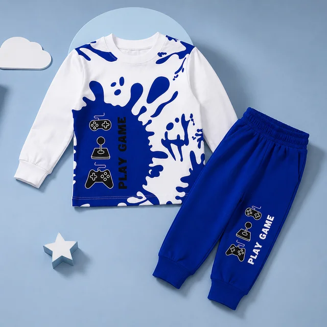 Guess What Boys' White & Blue Play Game Printed Sweatshirt & Jogger Set | Kids Tracksuit | Guess What - Blue