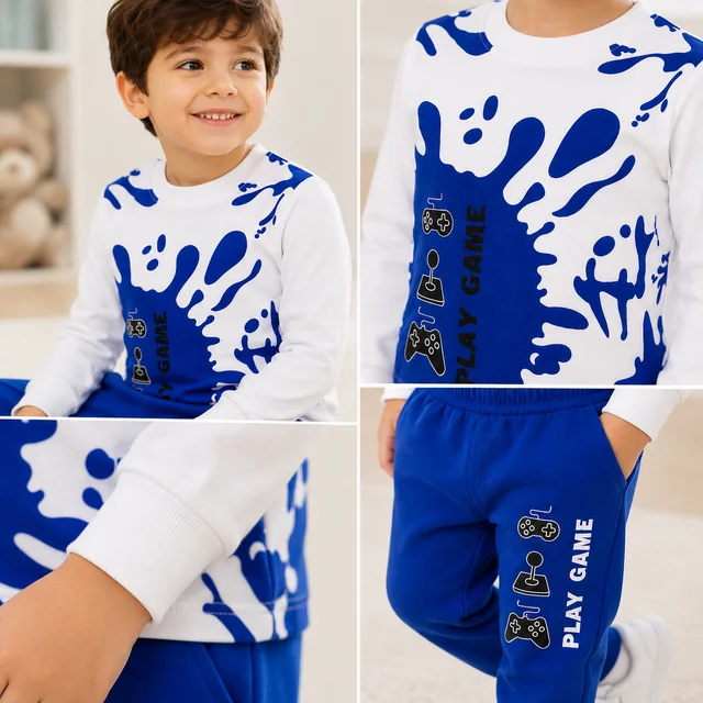 Guess What Boys' White & Blue Play Game Printed Sweatshirt & Jogger Set | Kids Tracksuit | Guess What - Blue