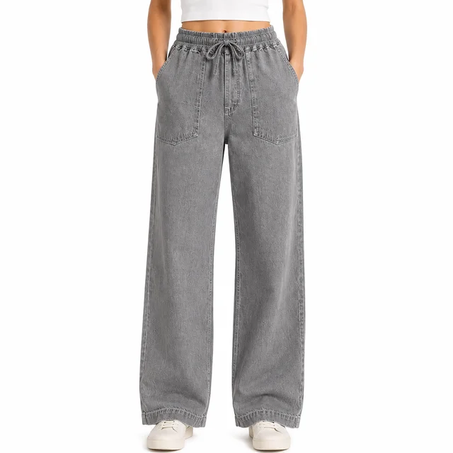 Guess What Women's Grey Wide Leg Drawstring Jeans | Elastic Waist Baggy Denim | Guess What - 28, Grey
