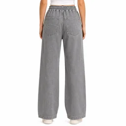 Guess What Women's Grey Wide Leg Drawstring Jeans | Elastic Waist Baggy Denim | Guess What - 28, Grey