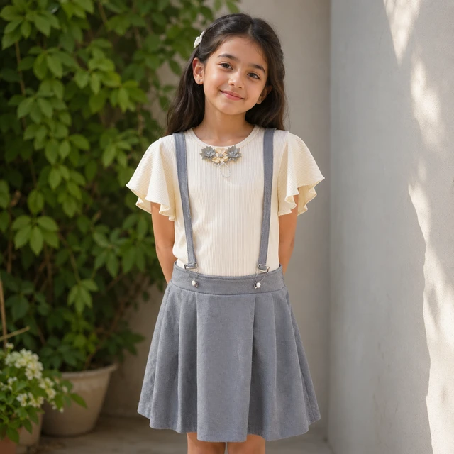 Girls Cream Ruffle Top & Grey Suspender Skirt Coord Set | Kids Casual Party Wear | Ribbed Flutter Sleeve Top with Pleated Skirt | Trendy Girls Outfit Online India | guess what