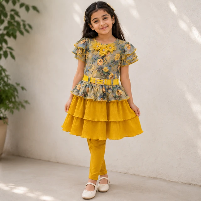 Girls Yellow Floral Printed Tiered Ruffle Dress with Leggings & Belt | Layered Frill Dress for Girls | Festive & Casual Kids Outfit | guess what