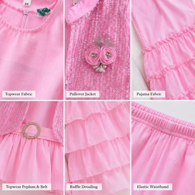 Guess What Girls' Pink Sequin Jacket Peplum Top & Ruffle Sharara Set | Kids Festive Wear | Guess What - 4 - 5 Years, Pink