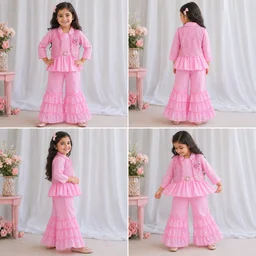 Guess What Girls' Pink Sequin Jacket Peplum Top & Ruffle Sharara Set | Kids Festive Wear | Guess What - 4 - 5 Years, Pink