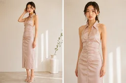 Guess What Women's Blush Pink Satin Ruched Halter Neck Midi Dress | Backless | GuessWhat - M, BLUSH PINK