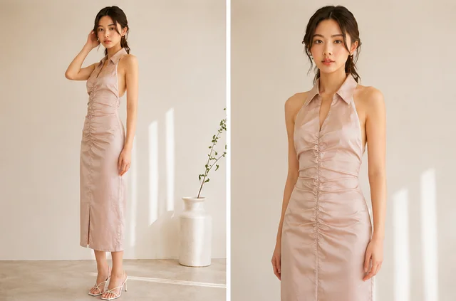 Guess What Women's Blush Pink Satin Ruched Halter Neck Midi Dress | Backless | GuessWhat - M, BLUSH PINK
