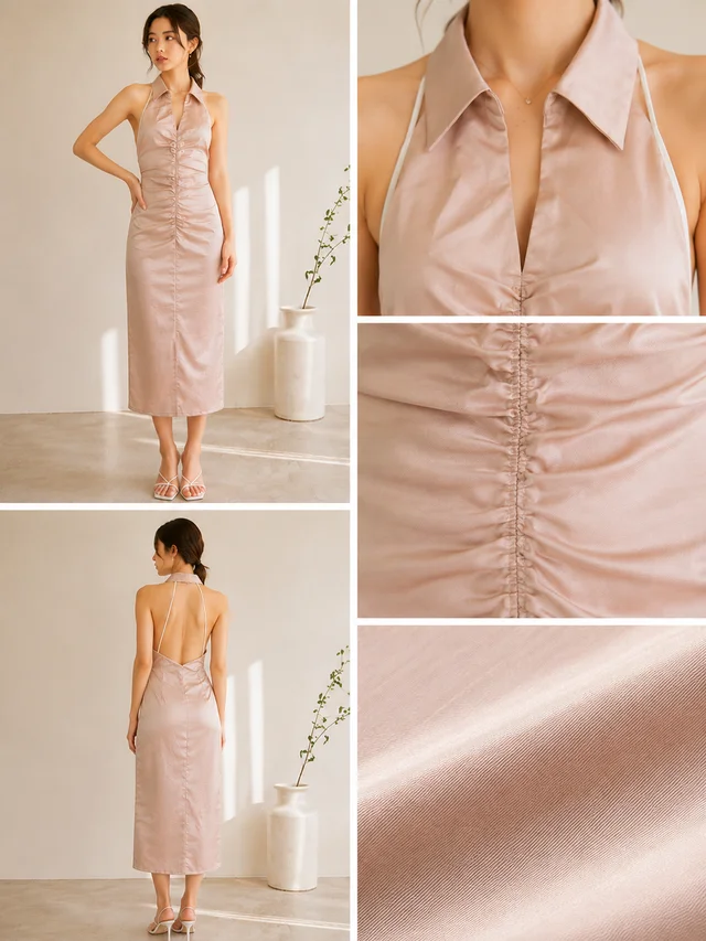 Guess What Women's Blush Pink Satin Ruched Halter Neck Midi Dress | Backless | GuessWhat - M, BLUSH PINK