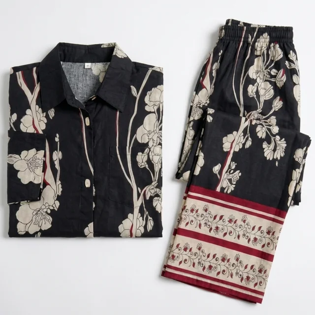 Guess What Women's Black Floral Print Co-ord Set | Shirt & Wide Leg Pants | Guess What - XXL, Black