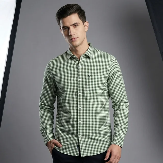 Guess What Allen Solly Men's Green & White Gingham Check Full Sleeve Shirt | Slim Fit Cotton Casual Shirt | Classic Check Office Wear Shirt for Men | guess what - L, Green