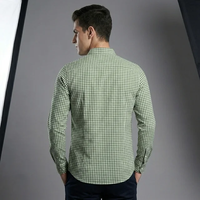 Guess What Allen Solly Men's Green & White Gingham Check Full Sleeve Shirt | Slim Fit Cotton Casual Shirt | Classic Check Office Wear Shirt for Men | guess what - L, Green