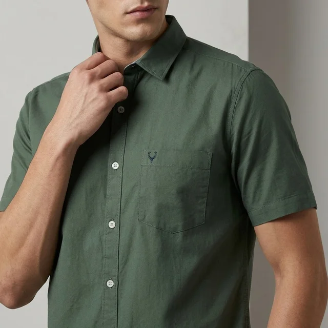 Allen Solly Men's Olive Green Solid Half Sleeve Shirt | Regular Fit Linen Cotton Casual Shirt | Half Sleeve Solid Shirt for Men Online India | guesswhat