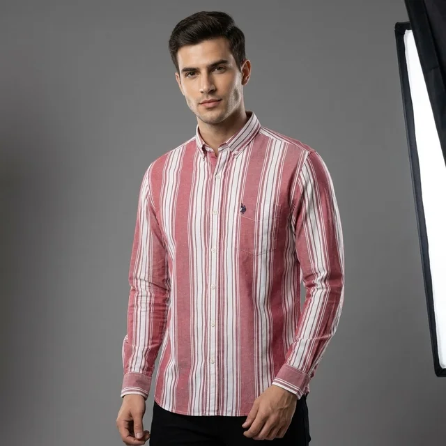 U.S. Polo Assn. Men's Red & White Bold Stripe Full Sleeve Shirt | Regular Fit Oxford Cotton Casual Shirt | USPA Vertical Stripe Shirt for Men Online India | guess what