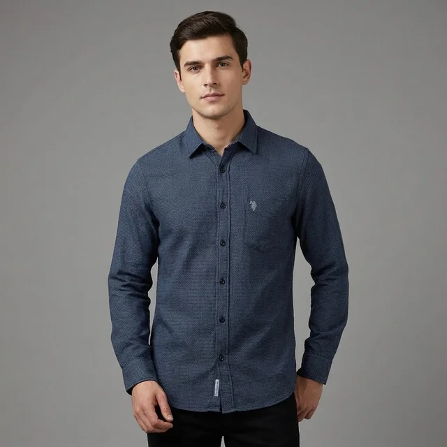 Guess What U.S. Polo Assn. Men's Navy Blue Textured Full Sleeve Shirt | Tailored Fit Casual Cotton Shirt | USPA Micro Texture Shirt for Men Online India | guess what - L, Navy Blue