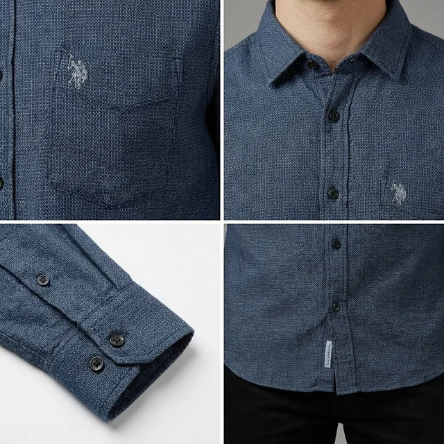 Guess What U.S. Polo Assn. Men's Navy Blue Textured Full Sleeve Shirt | Tailored Fit Casual Cotton Shirt | USPA Micro Texture Shirt for Men Online India | guess what - L, Navy Blue