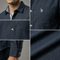 Guess What U.S. Polo Assn. Men's Black Solid Linen Cotton Full Sleeve Shirt | Regular Fit Casual Shirt | USPA Solid Navy Shirt for Men Online India | guess what - L, Black