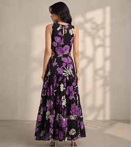 Guess What Women's Black Purple Floral Cutout Maxi Dress | Tiered Pleated Skirt | GuessWhat - S, BLACK