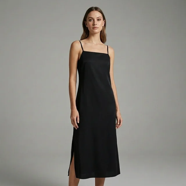 Women's Black Slip Midi Dress | Square Neck Spaghetti Strap Side Slit | Guess What