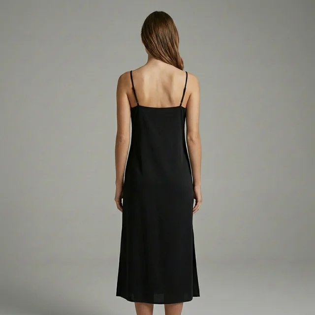 Guess What Women's Black Slip Midi Dress | Square Neck Spaghetti Strap Side Slit | Guess What - S, Black