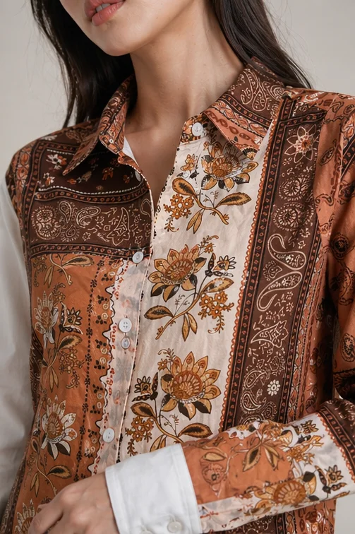 Guess What Women's Brown Paisley Floral Print Panel Shirt | Contrast White Sleeve | GuessWhat - M
