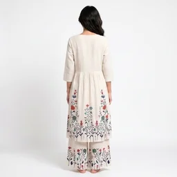 Guess What Women's Off-White Floral Printed Kurta Set with Palazzo | KHADI Cotton | GuessWhat - M, OFF WHITE