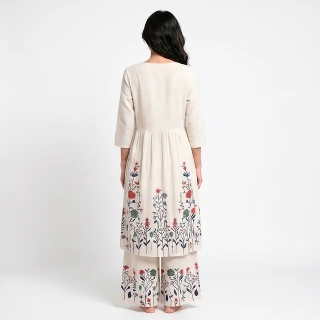 Guess What Women's Off-White Floral Printed Kurta Set with Palazzo | KHADI Cotton | GuessWhat - M, OFF WHITE