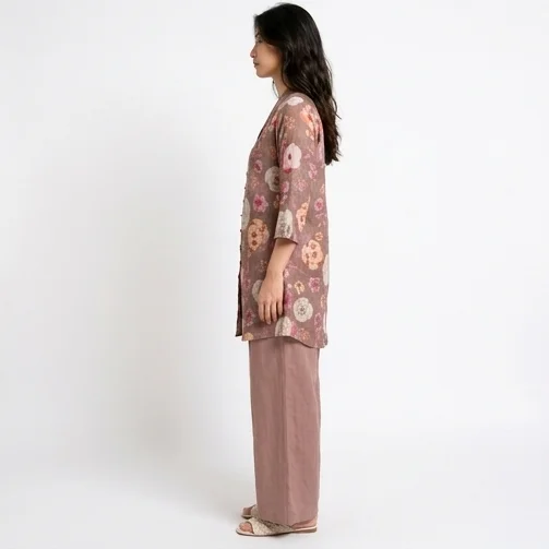 Guess What Women's Dusty Rose Floral Tunic Co-ord Set | Linen Blend | GuessWhat - L, DUSTY ROSE