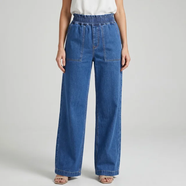 Women's Mid Blue Wide Leg Elastic Waist Jeans | High Waist Palazzo Denim | Guess What