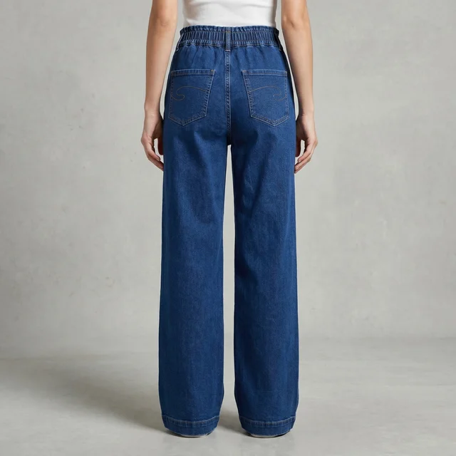 Guess What Women's Mid Blue Wide Leg Elastic Waist Jeans | High Waist Palazzo Denim | Guess What - 28, Mid Blue