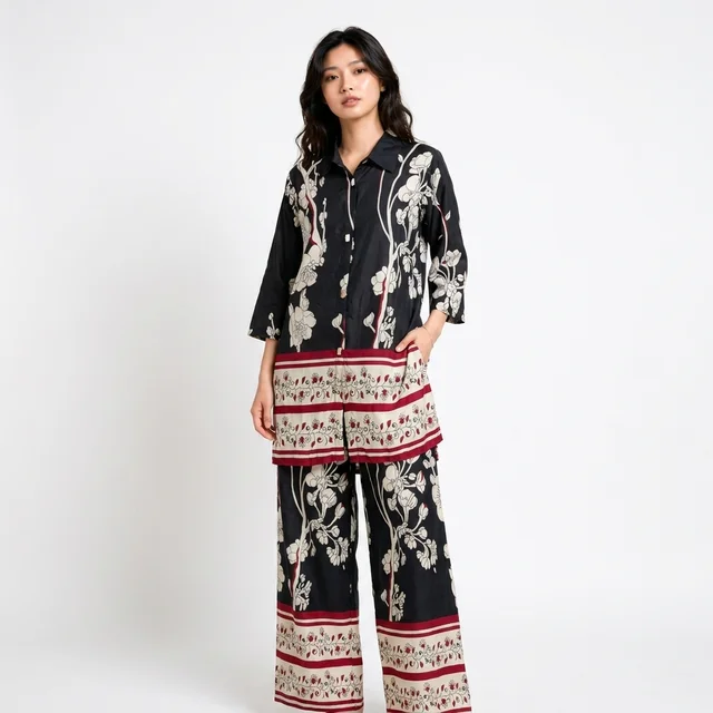 Guess What Women's Black Floral Print Co-ord Set | Shirt & Wide Leg Pants | Guess What - XXL, Black