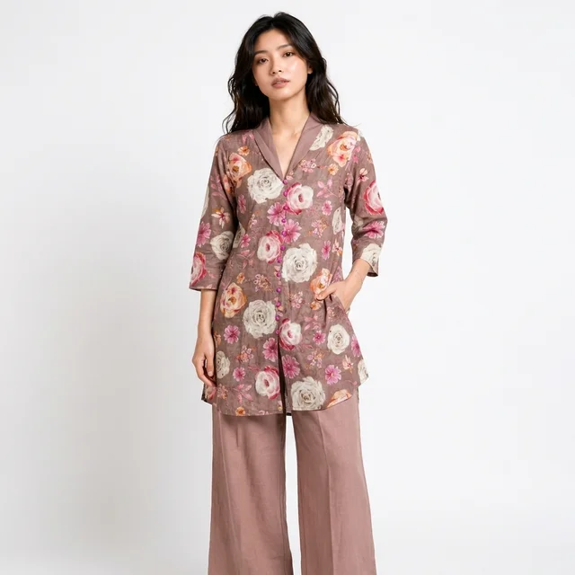 Guess What Women's Dusty Rose Floral Tunic Co-ord Set | Linen Blend | GuessWhat - L, DUSTY ROSE