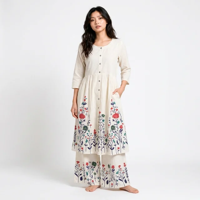 Guess What Women's Off-White Floral Printed Kurta Set with Palazzo | KHADI Cotton | GuessWhat - M, OFF WHITE