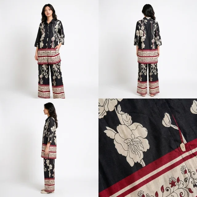 Guess What Women's Black Floral Print Co-ord Set | Shirt & Wide Leg Pants | Guess What - XXL, Black