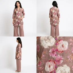 Guess What Women's Dusty Rose Floral Tunic Co-ord Set | Linen Blend | GuessWhat - L, DUSTY ROSE