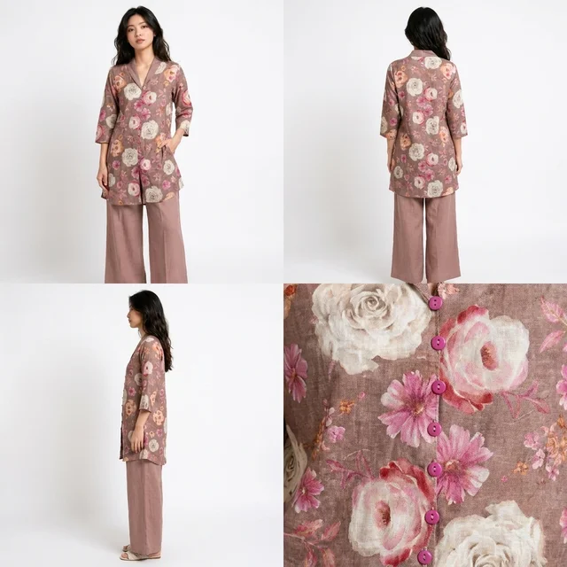 Guess What Women's Dusty Rose Floral Tunic Co-ord Set | Linen Blend | GuessWhat - L, DUSTY ROSE